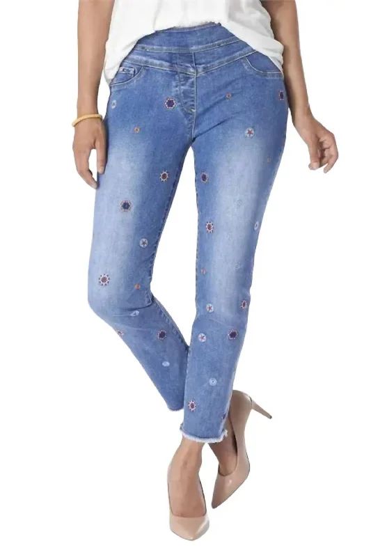 Asra Tummy Control Embroidered Denim Capris In Medium Wash