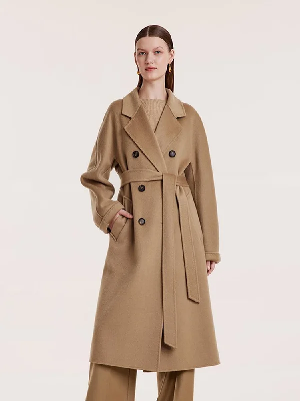 Pure Cashmere Double-Breasted Women Coat With Beret