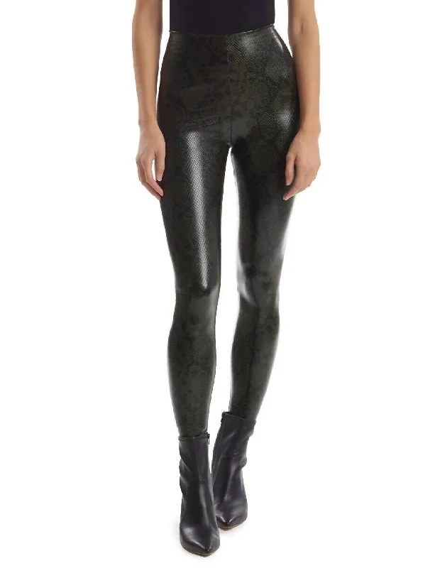 Faux Leather Animal Print Legging In Moss Snake