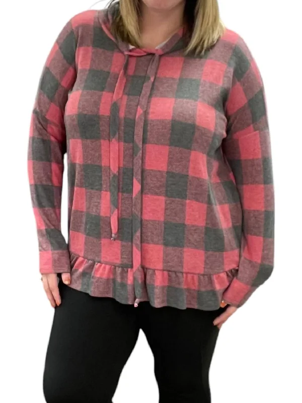 Plaid Long Sleeve Hooded Top In Red/charcoal