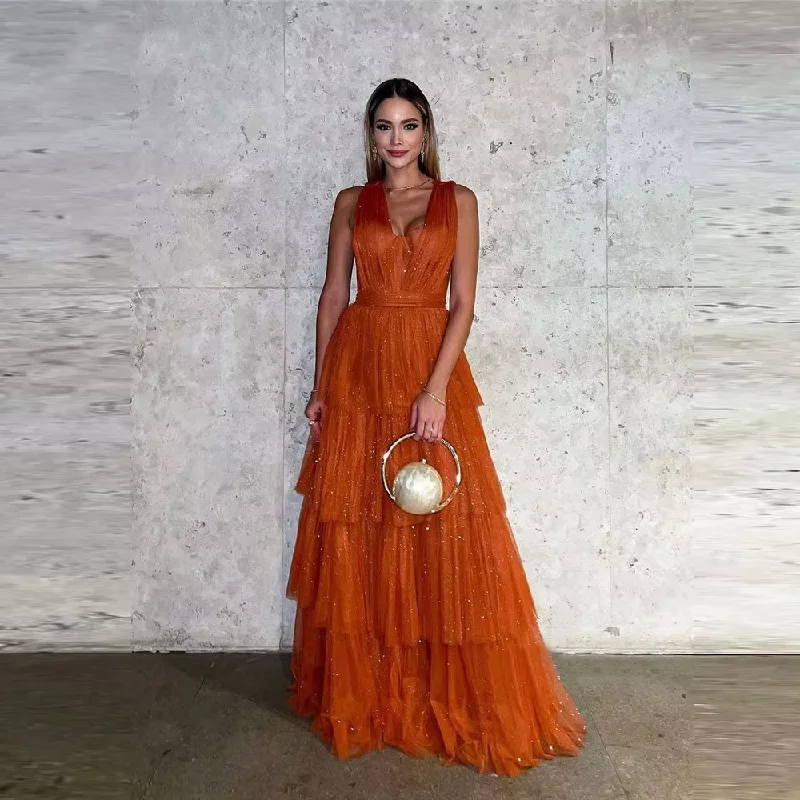 Shiny Burnt Orange Tulle Evening Dresses Long Women V Neck Tiered Formal Dress Women Party Prom Night Event Gown