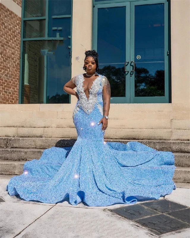 Sky Blue Sheer O Neck Long Prom Dress For Black Girls Appliques Birthday Party Dresses Sequined Mermaid Evening Gowns