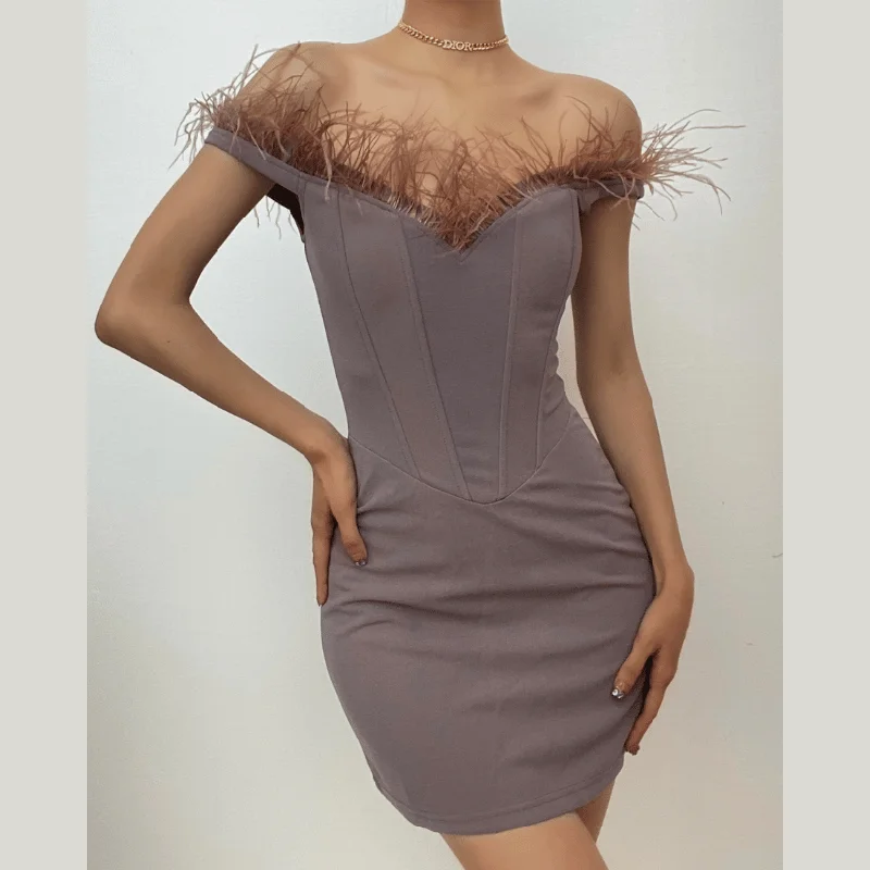 BerryBetty - Feather backless zip-up off shoulder corset mini dress