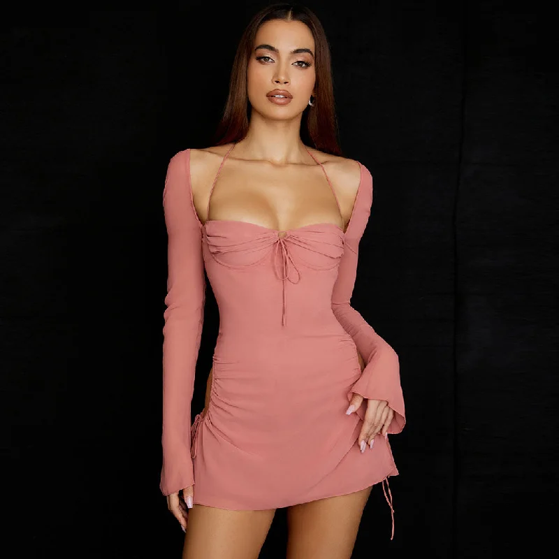 BerryBetty - Halter Tie Strap Ruched Cut Out Club Mini Dress - Pink