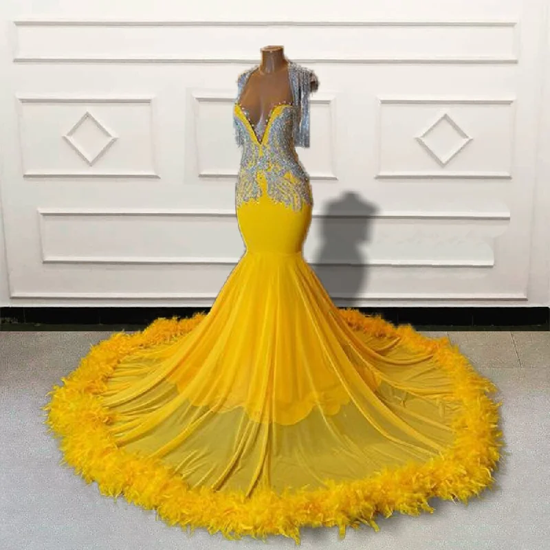 Black Girls Beaded Feathers Mermaid Long Prom Dresses for Graduation Party Luxury Yellow Women Custom Formal Evening Gown