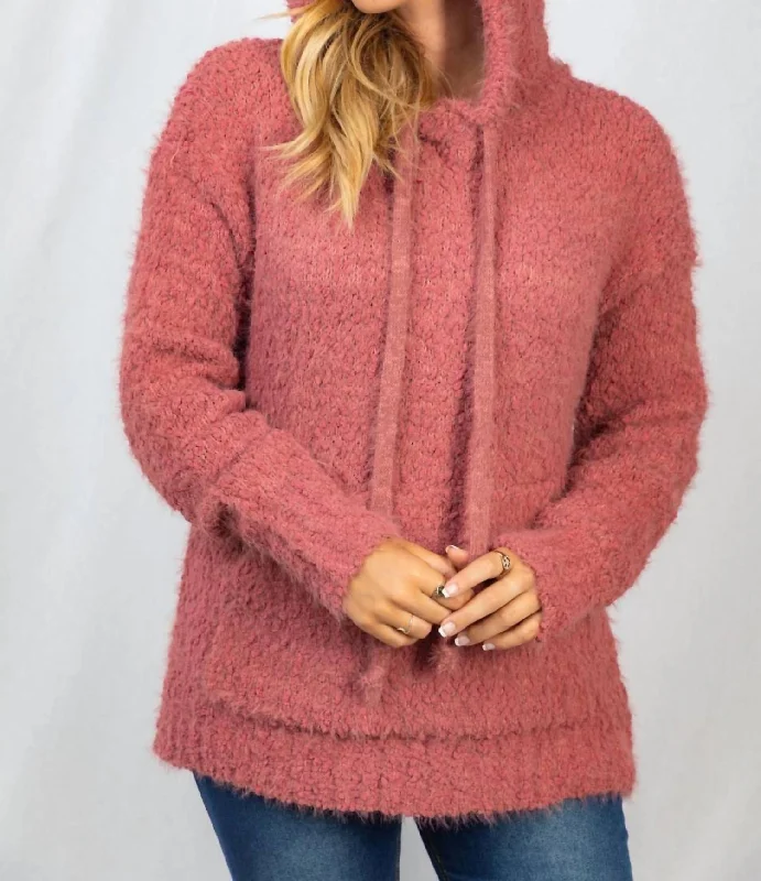 Fuzzy Knit Hoodie In Rose