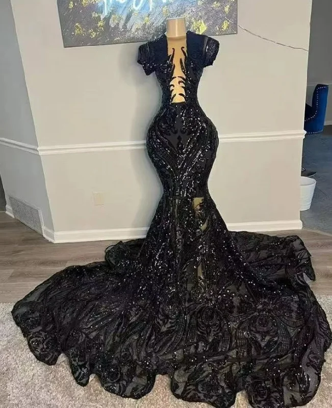 Sexy Sheer O Neck Long Prom Dress For Black Girls 2024 Sequined Birthday Party Dresses Mermaid Formal Gown Robe De Bal