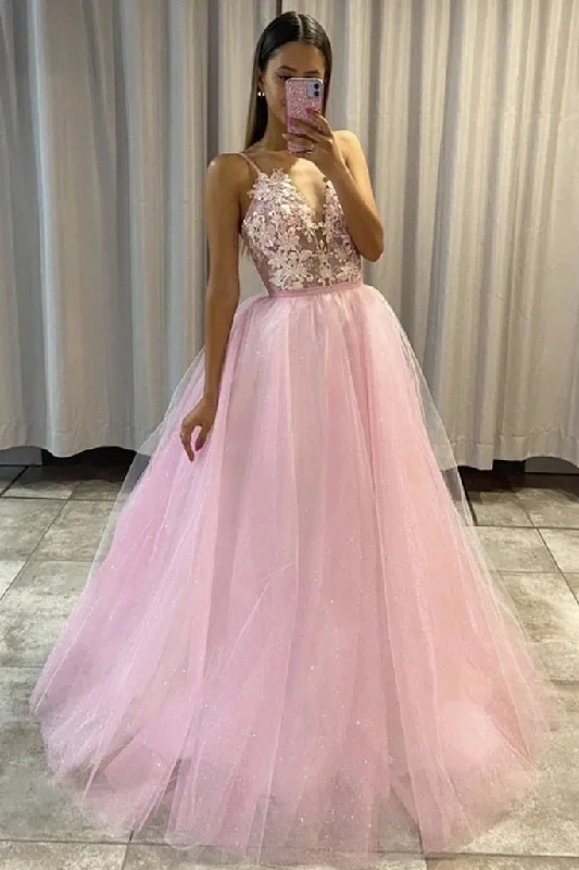 Shiny V Neck Pink Lace Floral Long Prom Dress, Pink Lace Formal Graduation Evening Dress