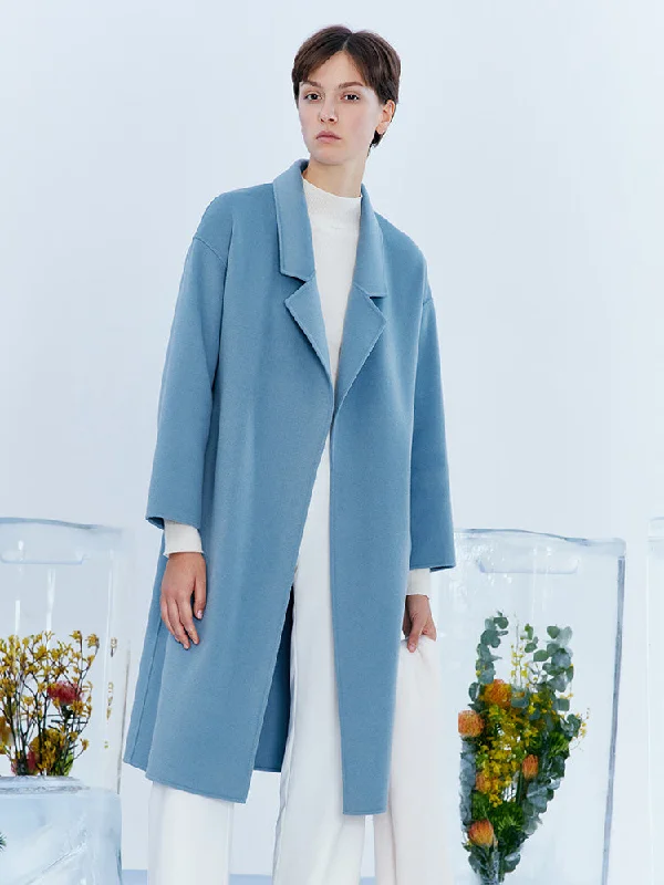 Blue Pure Double-Faced Wool Wrap Coat