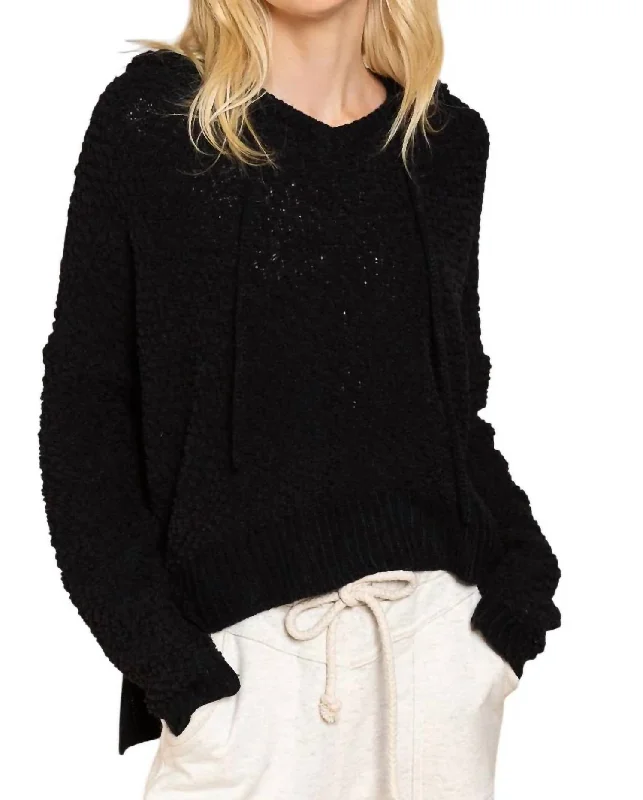 Textured Knit Hoodie In Black