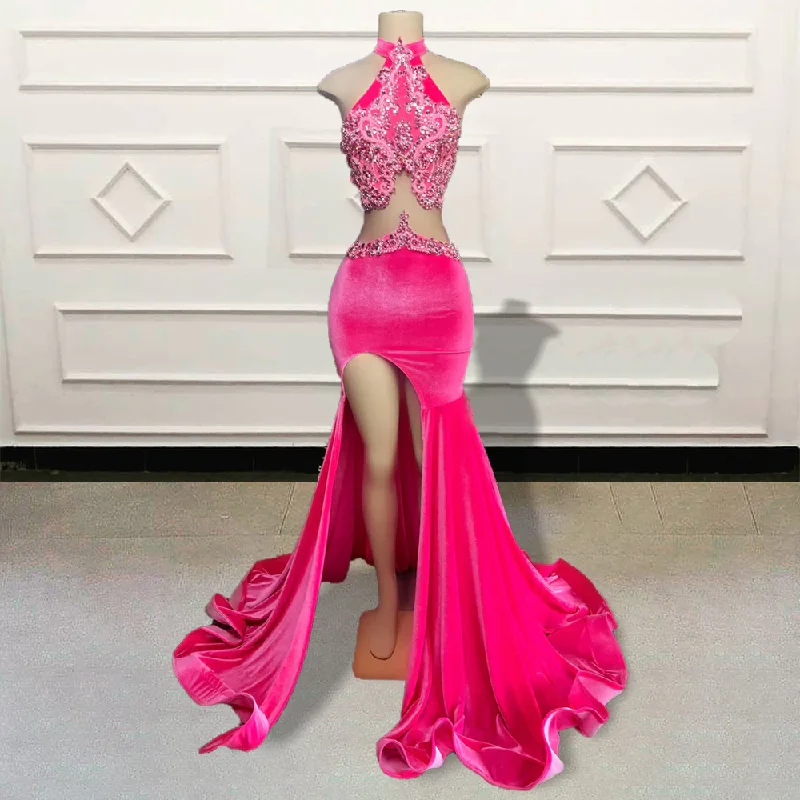 Sexy Pink Mermaid Long Prom Dresses with Slit Glitter Crystals Diamond Women Formal Velvet Evening Gowns for Birthday Party