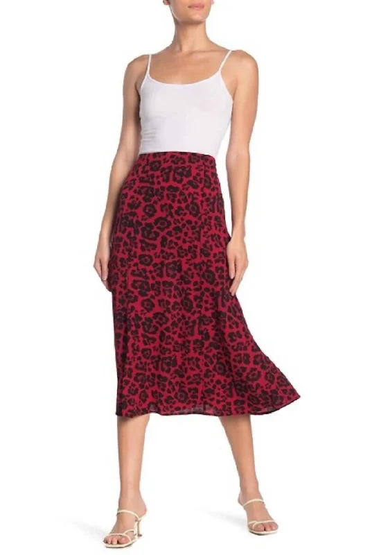 Animal Print Flare High Rise Crepe Midi Skirt In Red