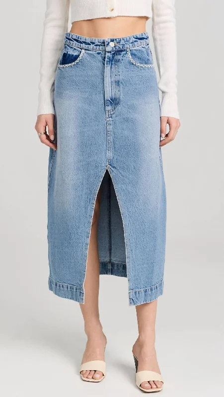 Marion Mended Denim Maxi Skirt In Blue