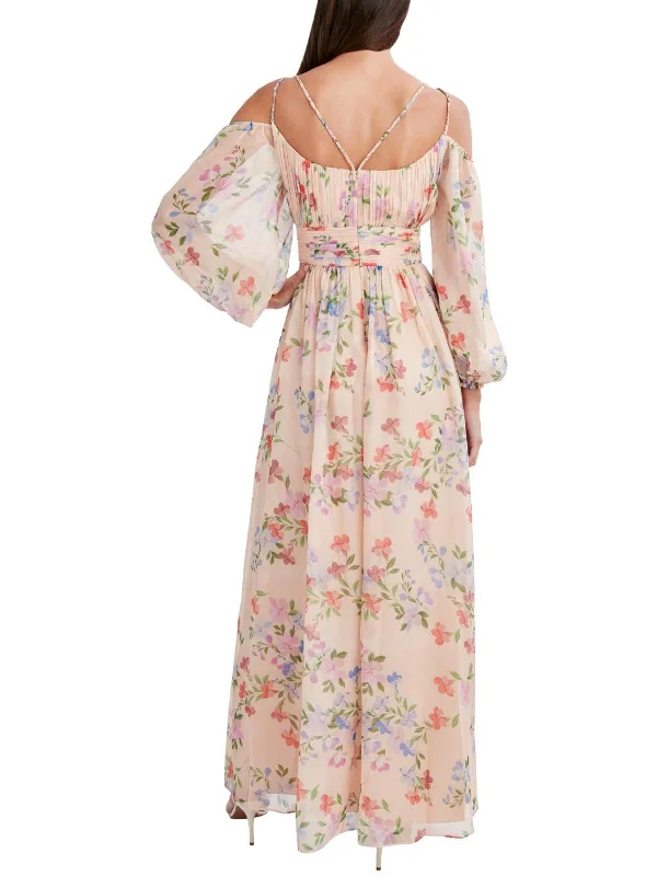 Jordyn Womens Floral Cold Shoulder Evening Dress