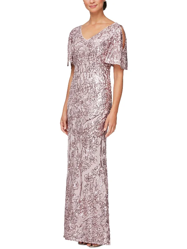 Womens Embroidered Sequined Formal Dress