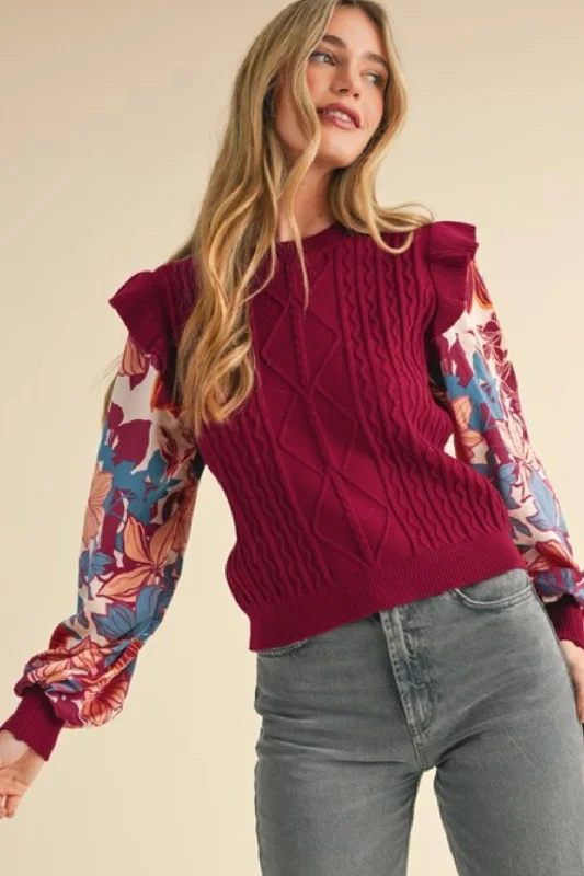 Burgundy Floral Sleeve Sweater Top