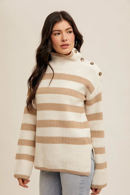 Cream & Taupe Button Turtleneck Sweater