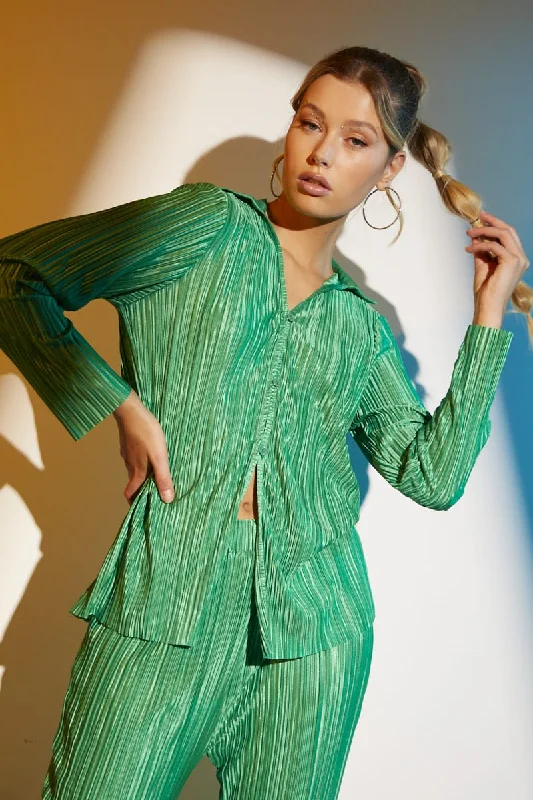 Green Plisse Long Sleeve Shirt