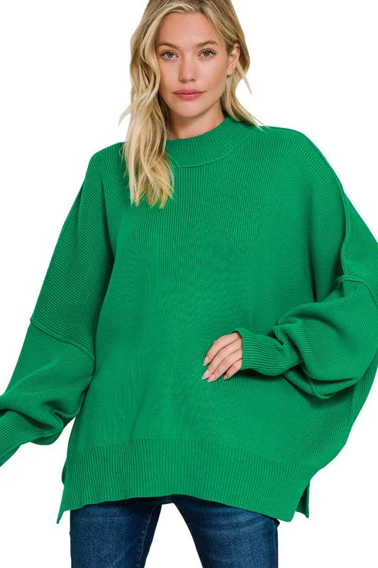 Kelly Green Oversized Mock Side Slit Sweater