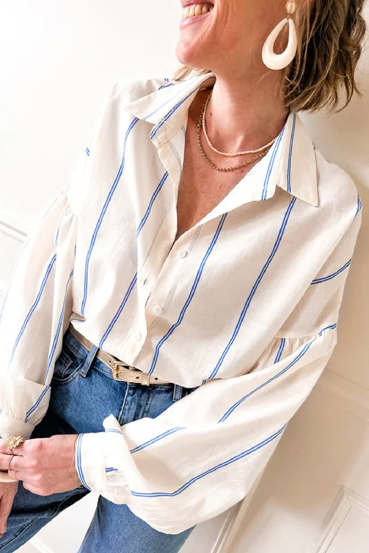 Stripe Drop Shoulder Bubble Sleeve Loose Shirt