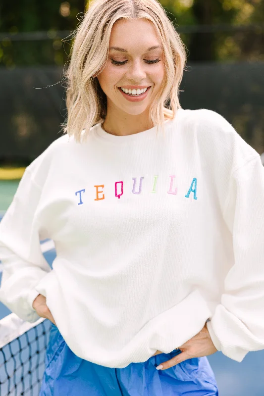 Tequila White Embroidered Corded Sweatshirt