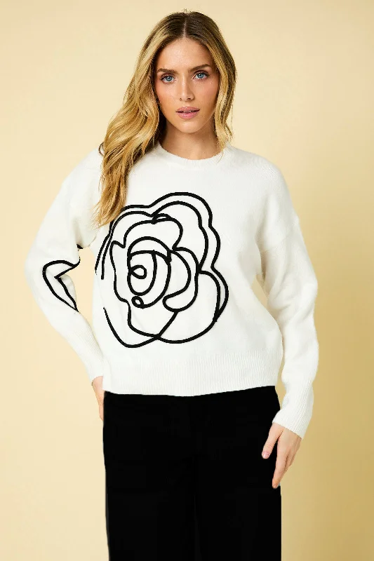 White & Black Embroidered Flower Sweater