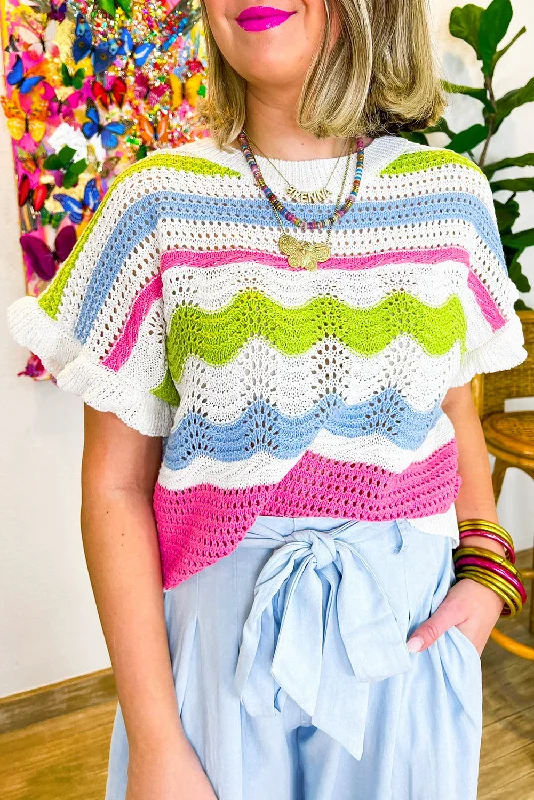 Colorblock Crochet Knit Ruffled Short Sleeve Sweater Top