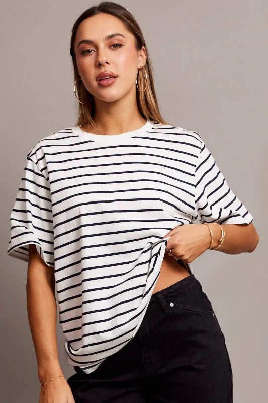 White Stripe Oversized T Shirt Short Sleeve Crew Neck